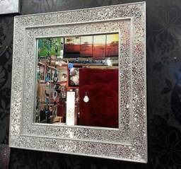 Crackle Glass Mosaic Wall Mirror Square Silver Double Frame Handmade 68x68cm Sparkly Modern Home Interior - thumbnail 2