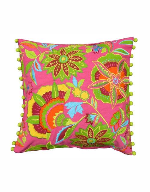 Pink Stylized Floral Embroidered Cushion Cover