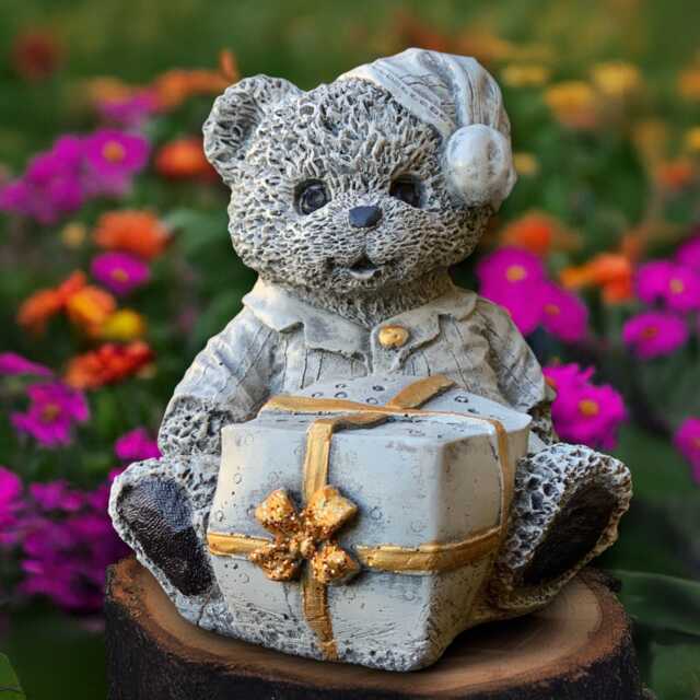 Outdoor Bear With Gift Sculpture Concrete Teddy Figurine Stone Statue Garden Animal Decoration Handmade Art Christmas Decor - image 1