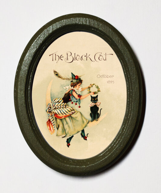 Olive Green Oval Wooden Framed Halloween Picture Wall Hanging The Black Cat - image 1