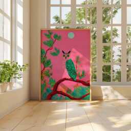 Pink Owl Wall Art, Whimsical Forest Bird Print, Colorful Poster, Green & Animal Playful Nature Decor - thumbnail 3