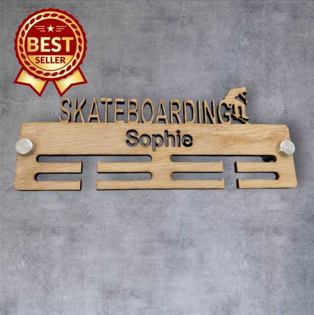 Skateboarding Medal Hanger - Wood Colours, Custom Name & Colour - image 1