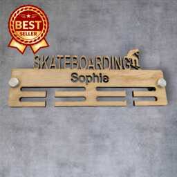 Skateboarding Medal Hanger - Wood Colours, Custom Name & Colour