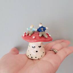 Personalised Little Persons On Mushroom Handmade Ceramic Figurine. Siblings Kids Family Friends Christmas Birthday Pottery Custom Gift - thumbnail 4