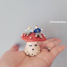 Personalised Little Persons On Mushroom Handmade Ceramic Figurine. Siblings Kids Family Friends Christmas Birthday Pottery Custom Gift - thumbnail 2