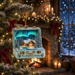 2D Flat Personalized Northern Lights Christmas Ornament, Custom Winter Cabin Suitcase Diorama, Aurora Borealis Holiday Decor, Travel Gift - thumbnail 3