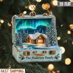 2D Flat Personalized Northern Lights Christmas Ornament, Custom Winter Cabin Suitcase Diorama, Aurora Borealis Holiday Decor, Travel Gift