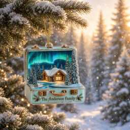 2D Flat Personalized Northern Lights Christmas Ornament, Custom Winter Cabin Suitcase Diorama, Aurora Borealis Holiday Decor, Travel Gift - thumbnail 2
