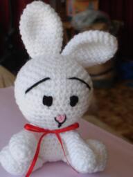 Bunny Rabbit - White With Red Ribbon Amigurumi Toy
