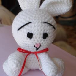 Bunny Rabbit - White With Red Ribbon Amigurumi Toy - thumbnail 3