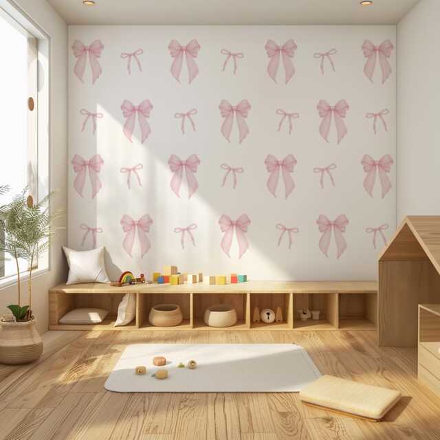 Pink Bow Wall Stickers For Girls Room, Coquette Nursery Decor, Soft Decals, Baby Girl Stickers, Peel & Stick Decor - image 1
