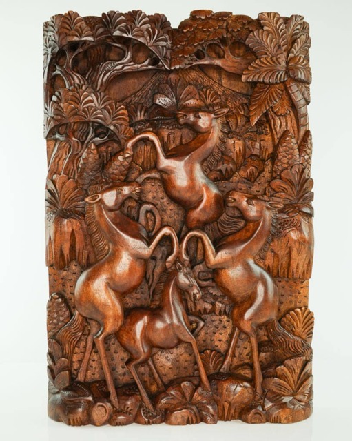 Hand Carved Teak Wood Horses Sculpture - Equestrian Wall Art Decor - image 1