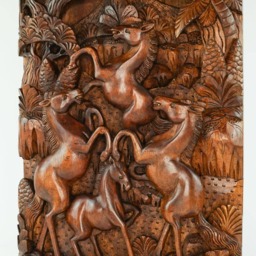 Hand Carved Teak Wood Horses Sculpture - Equestrian Wall Art Decor - thumbnail 3