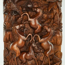 Hand Carved Teak Wood Horses Sculpture - Equestrian Wall Art Decor - thumbnail 2