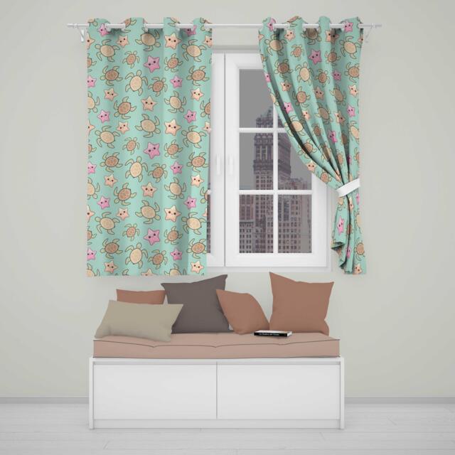 Cute Sea Turtle & Starfish Teal Ocean Seamless Pattern Readymade Eyelet Ring Top Thermal 100% Blackout Curtains - image 1