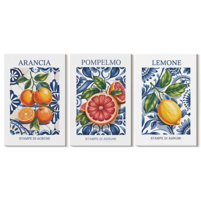 Set Of 3 Canvas Prints - Italian-style Citrus Fruit Fashion Posters, Blue Wall Art Canvas, Food & Drinks Decor - image 1