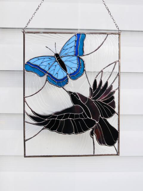 stain Glass Panel Crow Suncatcher Butterfly Picture Decor Window Wall Gift For Mothers Day House Home Decor, Crow Chasing Butterfly - image 1