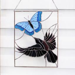 stain Glass Panel Crow Suncatcher Butterfly Picture Decor Window Wall Gift For Mothers Day House Home Decor, Crow Chasing Butterfly - thumbnail 2