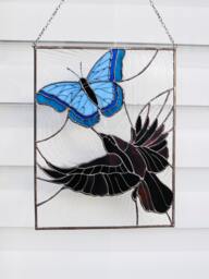 stain Glass Panel Crow Suncatcher Butterfly Picture Decor Window Wall Gift For Mothers Day House Home Decor, Crow Chasing Butterfly - thumbnail 1