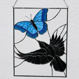 stain Glass Panel Crow Suncatcher Butterfly Picture Decor Window Wall Gift For Mothers Day House Home Decor, Crow Chasing Butterfly - thumbnail 3