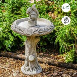 Tall Stone Cast Birdbath, With Squirrel On Top, Dgs Statues - thumbnail 2