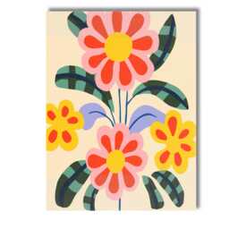 Retro Folk Flower Arrangement With Pink Petals & Patterned Leaves Canvas Wall Art Print Decor Picture Ready To Hang - thumbnail 1