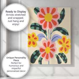 Retro Folk Flower Arrangement With Pink Petals & Patterned Leaves Canvas Wall Art Print Decor Picture Ready To Hang - thumbnail 3