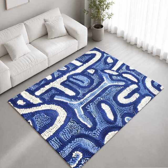 Blue White Textured Abstract Line Pattern Rug Non-Slip Soft Area Carpet Bedroom Living Room Hallway Mat Decor - Made in UK - image 1