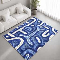 Blue White Textured Abstract Line Pattern Rug Non-Slip Soft Area Carpet Bedroom Living Room Hallway Mat Decor - Made in UK - thumbnail 1