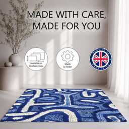 Blue White Textured Abstract Line Pattern Rug Non-Slip Soft Area Carpet Bedroom Living Room Hallway Mat Decor - Made in UK - thumbnail 2