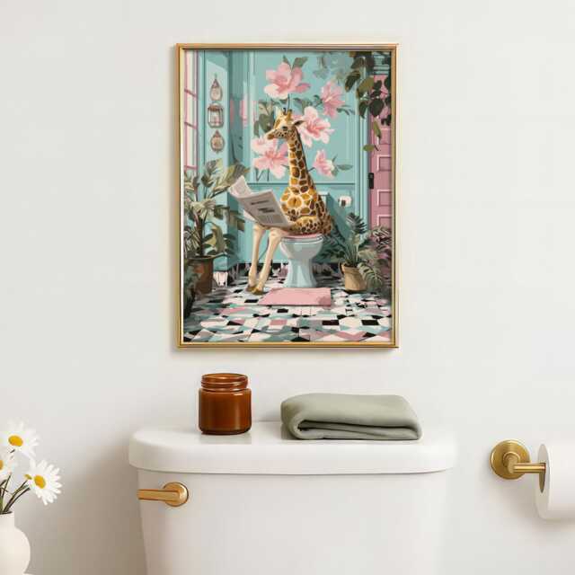 Funny Giraffe Bathroom Art Print - Quirky Animal Wall On Toilet Humorous Decor Jungle - image 1