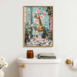 Funny Giraffe Bathroom Art Print - Quirky Animal Wall On Toilet Humorous Decor Jungle - thumbnail 1