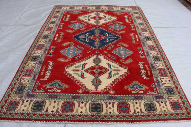 5x7 Ft Kazak Medallion Area Carpet, Red Afghan Hand Knotted Rug, Luxury New Geometric Rug, Rug For Livingroom Carpet - image 1