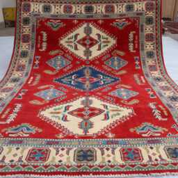 5x7 Ft Kazak Medallion Area Carpet, Red Afghan Hand Knotted Rug, Luxury New Geometric Rug, Rug For Livingroom Carpet - thumbnail 2