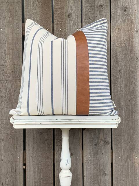 1 Modern Farmhouse Wide Striped Pillow Cover W/Faux Leather Accent - Woven Stripe Cream Backing Choose Your Pattern - image 1