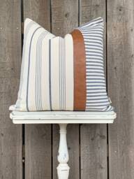 1 Modern Farmhouse Wide Striped Pillow Cover W/Faux Leather Accent - Woven Stripe Cream Backing Choose Your Pattern - thumbnail 1