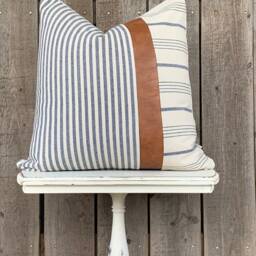 1 Modern Farmhouse Wide Striped Pillow Cover W/Faux Leather Accent - Woven Stripe Cream Backing Choose Your Pattern - thumbnail 3