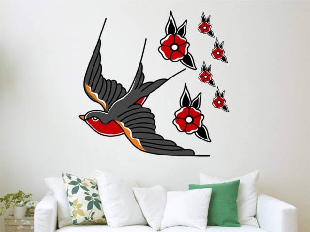 Swallow Bird - Tattoo Style Wall Decor Peel & Stick Sticker Pack American Traditional Reusable Fabric Decal Vwaq-At3 - image 1
