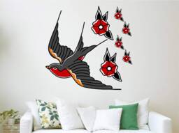 Swallow Bird - Tattoo Style Wall Decor Peel & Stick Sticker Pack American Traditional Reusable Fabric Decal Vwaq-At3 - thumbnail 1