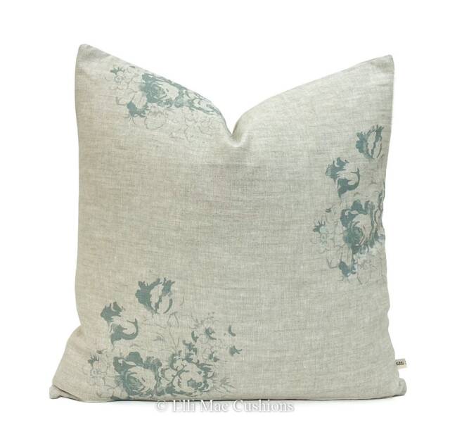 Cabbages & Roses Natural Hatley Shabby Chic Teal Sofa Cushion Pillow Cover - image 1
