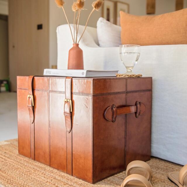 Personalised Tan Leather Storage Trunks - Coffee & Bedside Table Chest 3rd Wedding Anniversary Milestone Birthday - image 1