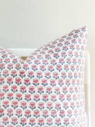 Floral Block Print Pillow Cover Indian Batik Textile, Boho Farmhouse Decor - thumbnail 1