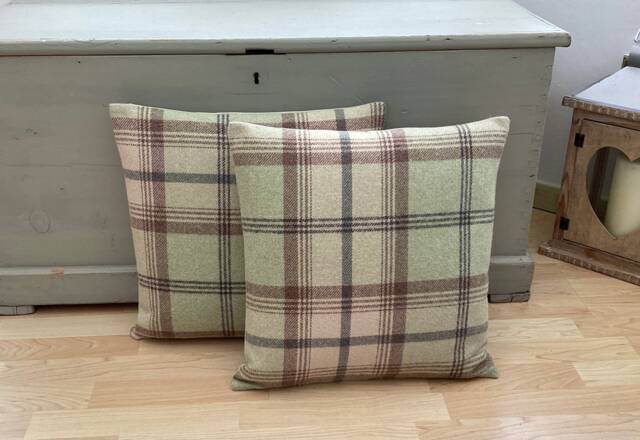 "Tartan Throw Pillow Covers Balmoral Sage Green Feather Cushions - 16"" X 16" - image 1