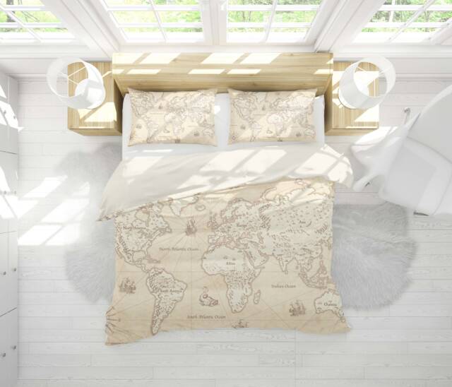 3D World Map Duvet Cover Set, Beige Parchment Bedding - image 1