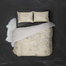 3D World Map Duvet Cover Set, Beige Parchment Bedding - thumbnail 2