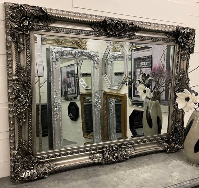 Lg Antique Silver Wall Mirror Ornate Baroque Decorative 120cm X 90cm - Clarence - image 1