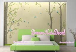Birch Tree With Teal Birds Wall Decal, Nature Nursery Decor