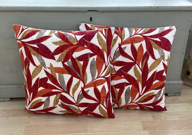 Handmade Tropical Leaf Throw Pillow Cushion Mauritius Rosso Linen, Feather Filled - Set Of 2 - image 1