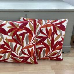Handmade Tropical Leaf Throw Pillow Cushion Mauritius Rosso Linen, Feather Filled - Set Of 2 - thumbnail 2