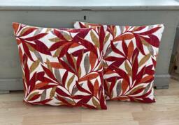 Handmade Tropical Leaf Throw Pillow Cushion Mauritius Rosso Linen, Feather Filled - Set Of 2 - thumbnail 1